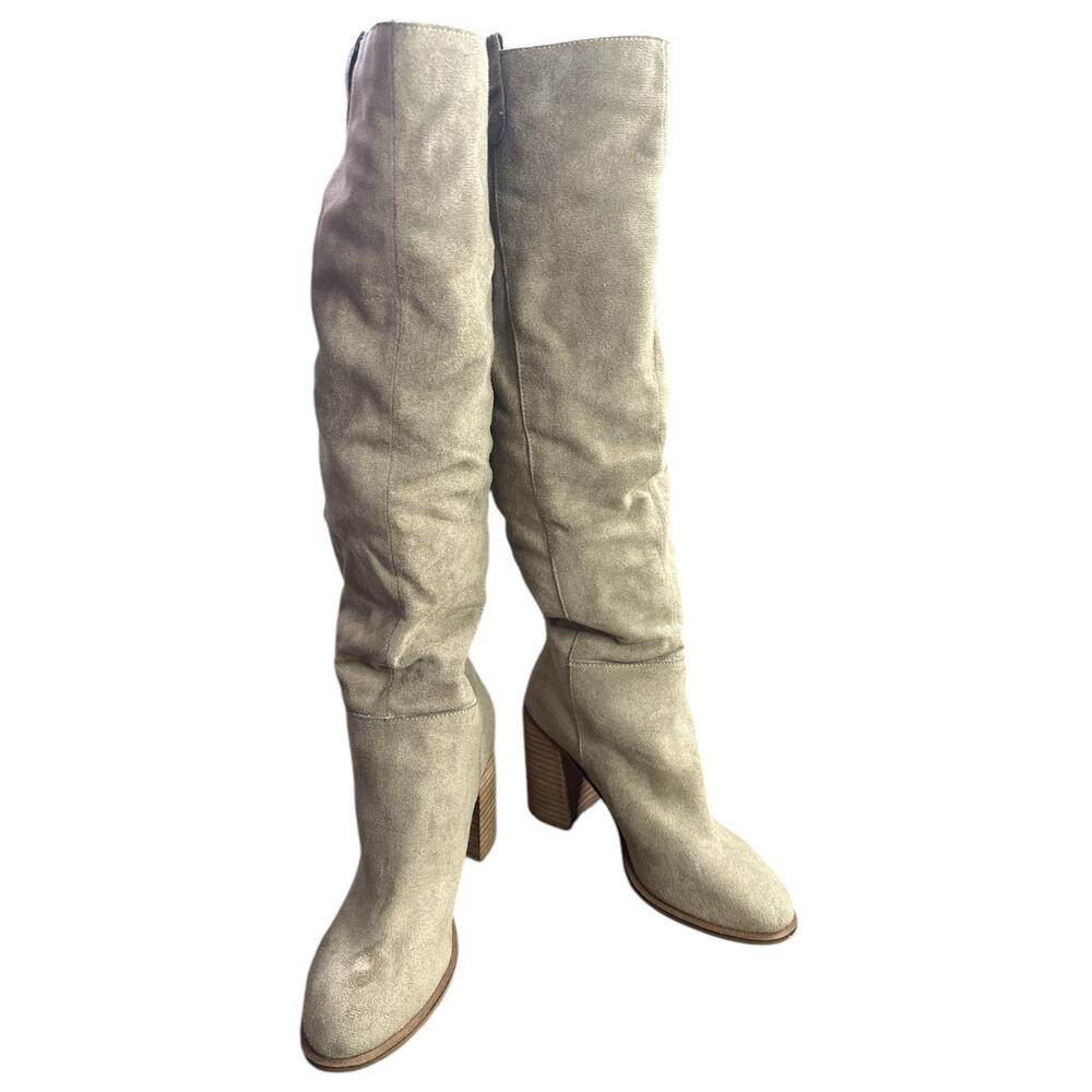 Oasis Society Brown Beige Tan Suede 4” Tall Heeled Knee High Boots Size 8